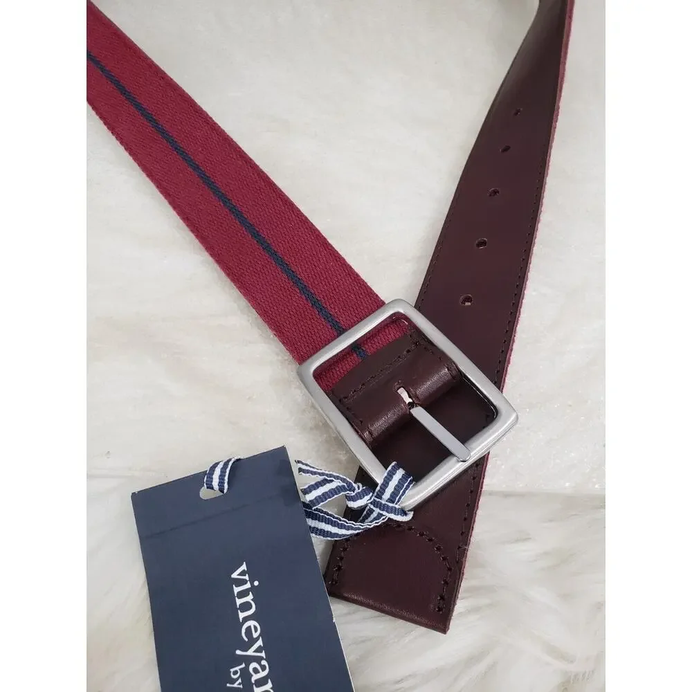 NEW‎ Sz 32 Vineyard Vines Leather Canvas Webbing REVERSIBLE Belt Navy Blue Brown